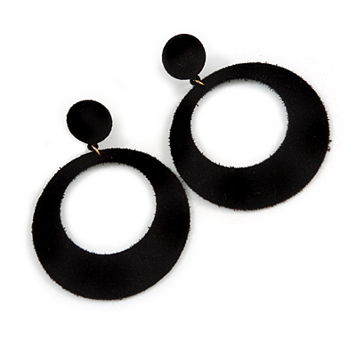 Large Black Velvet Style Hoop Earrings - 70mm Long - main view