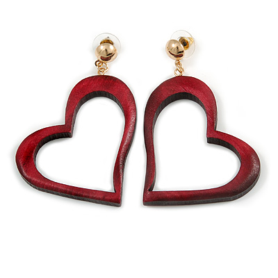 Ox Blood Wood Open Cut Heart Drop Earrings with Gold Tone Post Closure - 60mm L