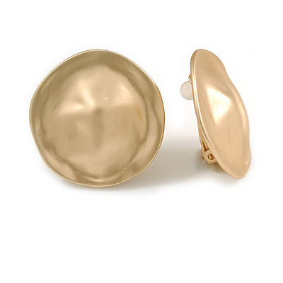 Round Button Shape Clip On Earrings In Matte Gold Tone - 30mm D