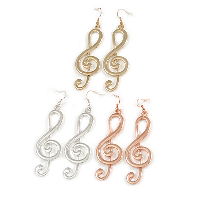 3 Pairs of Musical Note/ Treble Clef Drop Earrings In Silver/ Gold / Rose Gold Tone - 8cm L - main view