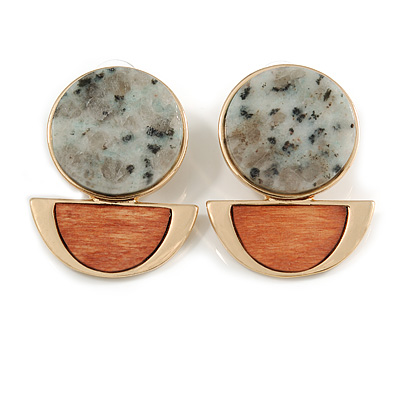 Statement Geometric Stone with Wood Drop Earrings In Gold Tone (Light Grey/ Brown) - 40mm L
