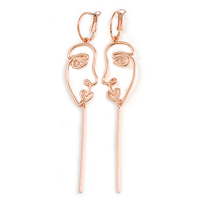 Long Quirky Face Design Drop Earrings In Rose Gold Tone - 10.5cm Long