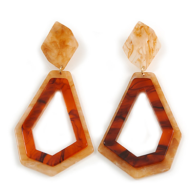 Light Caramel/ Brown with Marble Effect Geometric Acrylic Drop Earring In Gold Tone - 9cm L