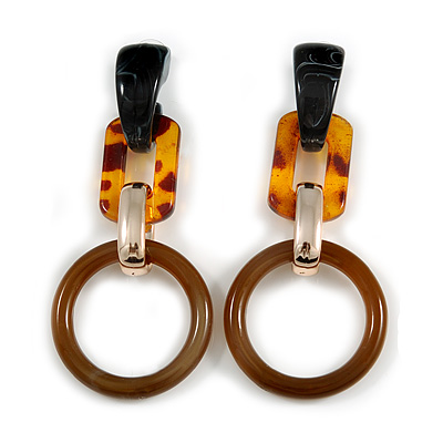 Trendy Long Geometric Acrylic Drop Earrings In Brown/ Black/ Gold with Marble Effect - 9cm L