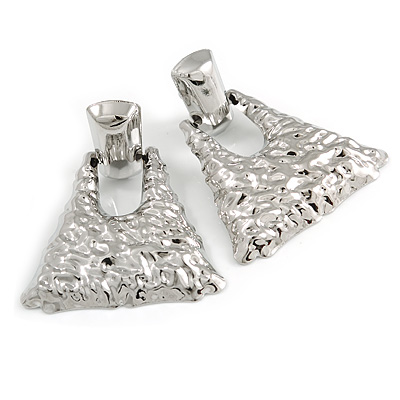 Statement Silver Tone Hammered Triangular Drop Clip On Earrings - 60mm Long