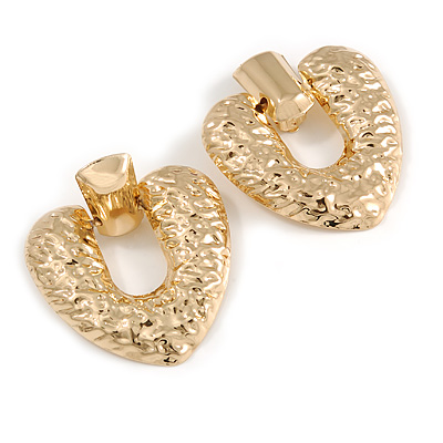 Large Hammered Heart Drop Clip On Earrings In Gold Tone - 60mm L