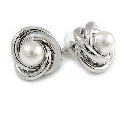 Polished Silver Tone Knot with Faux Pearl Bead Stud Earrings - 17mm D