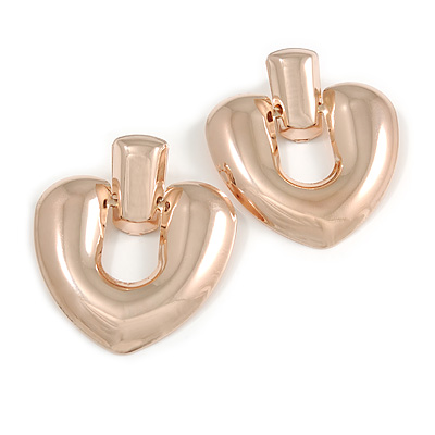 Large Polished Rose Gold Tone Heart Drop Earrings - 60mm Long