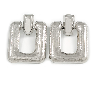 Large Square Hammered Drop Earrings In Silver Tone Metal - 60mm L