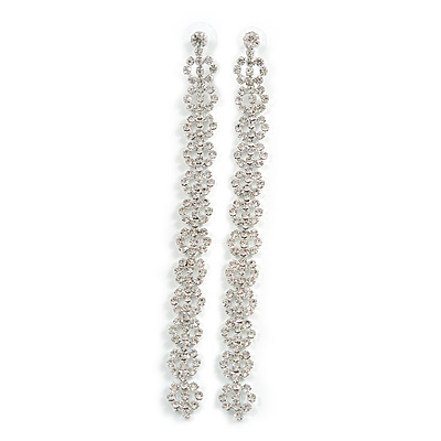 Statement Extra Long Clear Crystal Linear Earrings In Silver Tone - 13cm Long