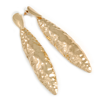 Large Contemporary Hammered Leaf Earrings In Gold Tone Metal - 11.5cm L