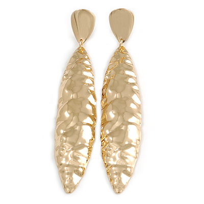 Large Contemporary Hammered Leaf Clip On Earrings In Gold Tone Metal - 11.5cm L