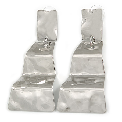 Contemporary Polished Hammered Wavy Drop Earrings In Silver Tone - 65mm Long