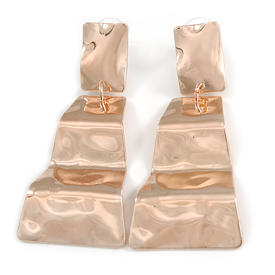 Contemporary Polished Hammered Wavy Drop Earrings In Rose Gold Tone - 65mm Long