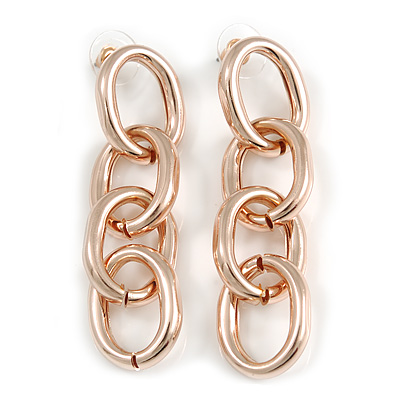 Polished Rose Gold Tone Chunky Oval Link Drop Earrings - 70mm Long