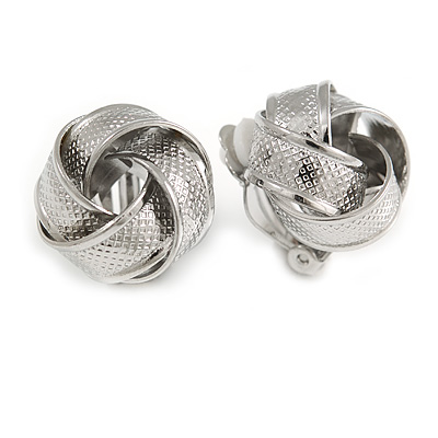 Silver Tone Textured Knot Clip On Earrings - 20mm Diameter