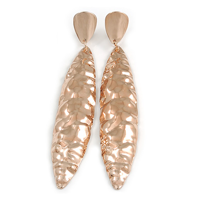 Large Contemporary Hammered Leaf Clip On Earrings In Rose Gold Tone Metal - 11.5cm L - main view