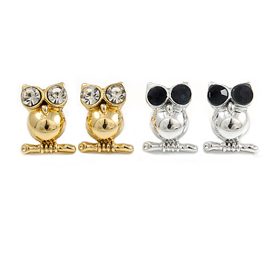 2 Pairs Of Crystal Owl Stud Earrings In Silver/ Gold Tone - 15mm L - main view