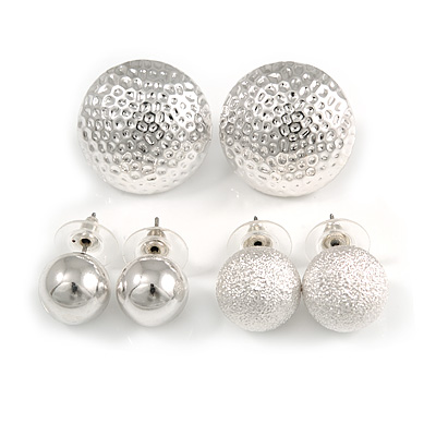 Set of 3 Pairs Button & Ball Stud Earrings In Light Silver Tone  - 25mm/ 15mm/ 10mm D