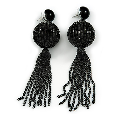 Statement Black Glass Bead Ball and Chain Tassel Earrings In Silver Tone - 10cm L