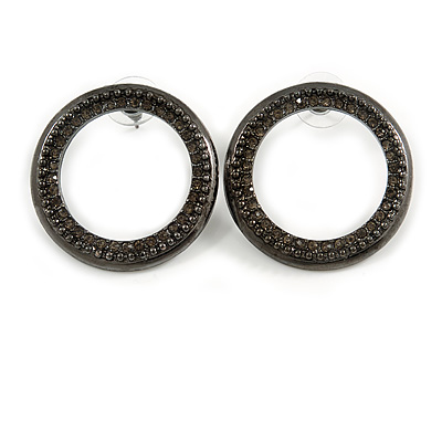 33mm Grey Crystal Circle Stud Earrings In Black Tone Metal