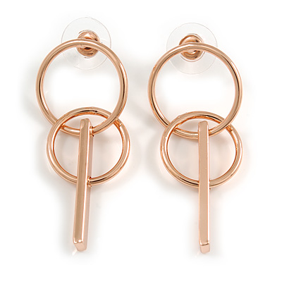 Polished Rose Gold Tone Geometric Double Hoop and Bar Drop Earrings - 40mm Long