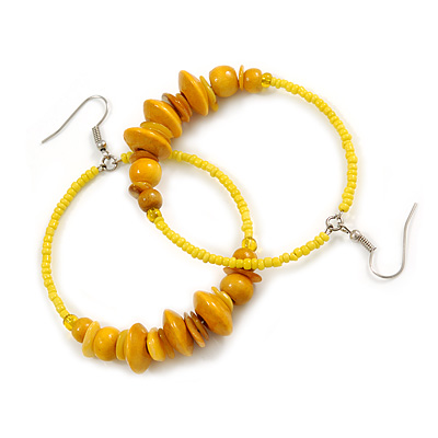 Large Yellow Glass, Shell, Wood Bead Hoop Earrings In Silver Tone - 75mm Long - main view