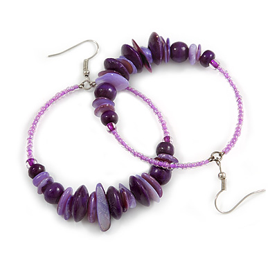 Large Purple Glass, Shell, Wood Bead Hoop Earrings In Silver Tone - 75mm Long