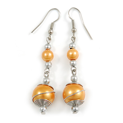 Gold-Yellow Glass Bead with Wire Drop Earrings In Silver Tone - 6cm Long