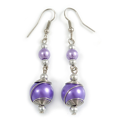 Purple Glass Bead with Wire Drop Earrings In Silver Tone - 6cm Long