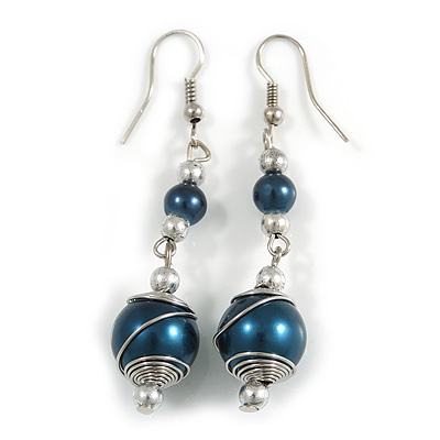 Dark Blue Glass Bead with Wire Drop Earrings In Silver Tone - 6cm Long - main view