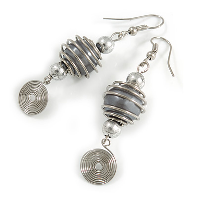 Grey Glass Bead with Wire Element Drop Earrings In Silver Tone - 6cm Long