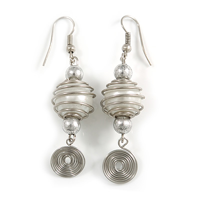 White Glass Bead with Wire Element Drop Earrings In Silver Tone - 6cm Long - main view