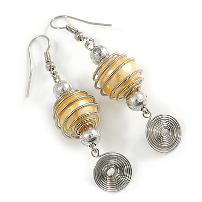Daffodil Yellow Glass Bead with Wire Element Drop Earrings In Silver Tone - 6cm Long