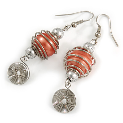 Orange Glass Bead with Wire Element Drop Earrings In Silver Tone - 6cm Long