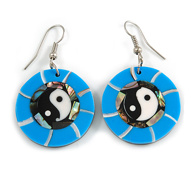 Round Blue Shell Yin Yang Drop Earrings - 45mm Long