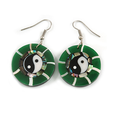 Round Green Shell Yin Yang Drop Earrings - 45mm Long - main view