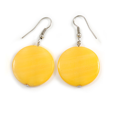 Light Yellow Shell Coin Drop Earrings In Silver Finish - 45mm Long