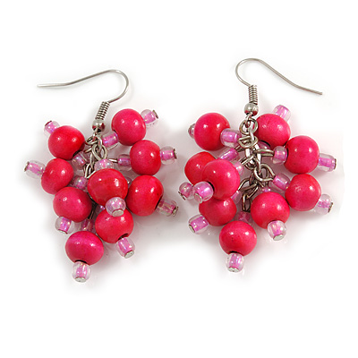 Deep Pink Wooden Bead Cluster Drop Earrings in Silver Tone - 55mm Long - main view