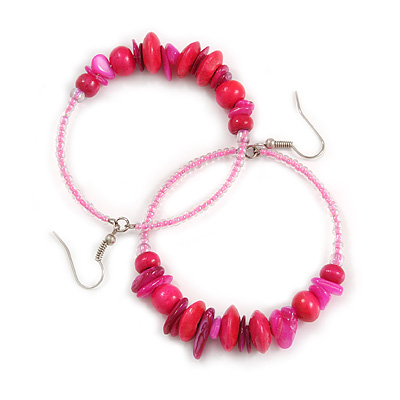Large Glass, Shell, Wood Bead Hoop Earrings In Silver Tone (Deep Pink, Baby Pink) - 75mm Long - main view