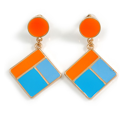 Blue/ Orange Enamel Geometric Drop Earrings In Gold Tone - 50mm Long