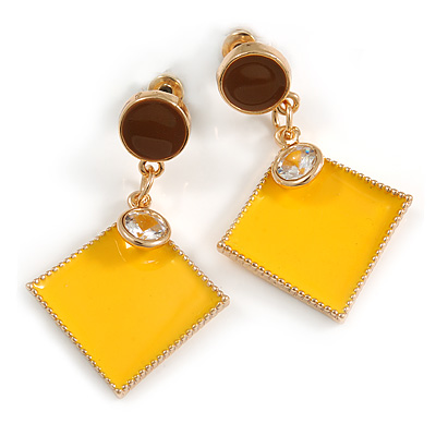Brown/ Yellow Enamel Square Drop Earrings In Gold Tone - 40mm Long