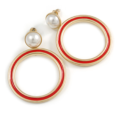 Gold Tone Hoop Earrings with Red Enamel and White Faux Pearl Bead - 50mm Long