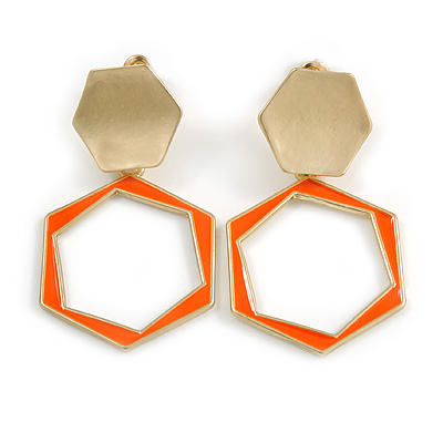 Orange Enamel Geometric Drop Earrings In Bright Gold Tone Metal - 50mm Long
