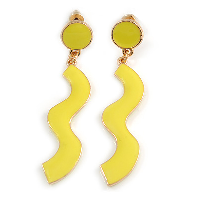 Neon Yellow Enamel Wavy Drop Earrings In Gold Tone - 55mm Long