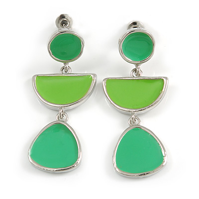 Grass Green/ Lime Green Enamel Geometric Drop Earrings In Silver Tone - 40mm Long