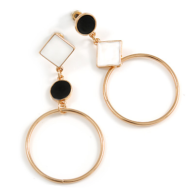 Black/ White Enamel Assymetric Circle Drop Earrings In Gold Tone Metal - 60mm L