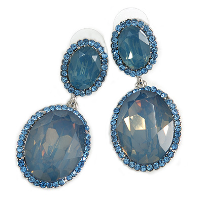 Milky Blue/ Sky Blue Oval Glass, Crystal Drop Earrings In Silver Tone - 55mm Long