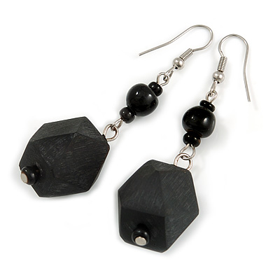 Long Black Faceted Acrylic/ Glass Bead Drop Earrings with Silver Tone Closure - 60mm Long