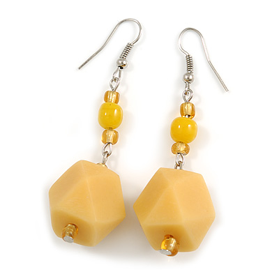 Long Pale Yellow Faceted Resin/ Lemon Yellow Glass Bead Drop Earrings with Silver Tone Closure - 60mm Long